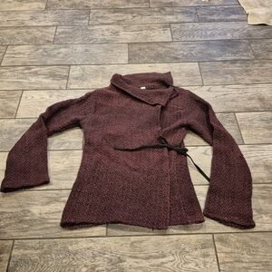 Boho Maroon Wrap Sweater Cardigan L Made in Nepal 100% Cotton Knit Tie Waist